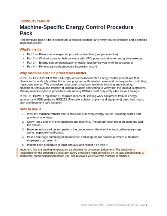 Preview of the LOTO procedure pack
