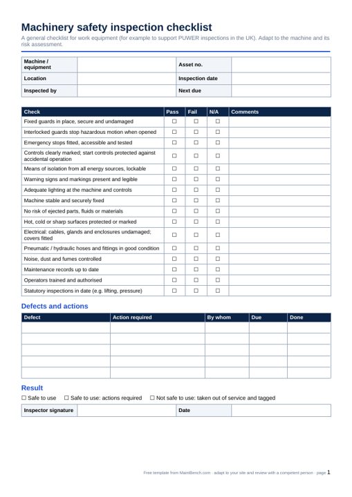 Preview of the Machinery safety inspection checklist