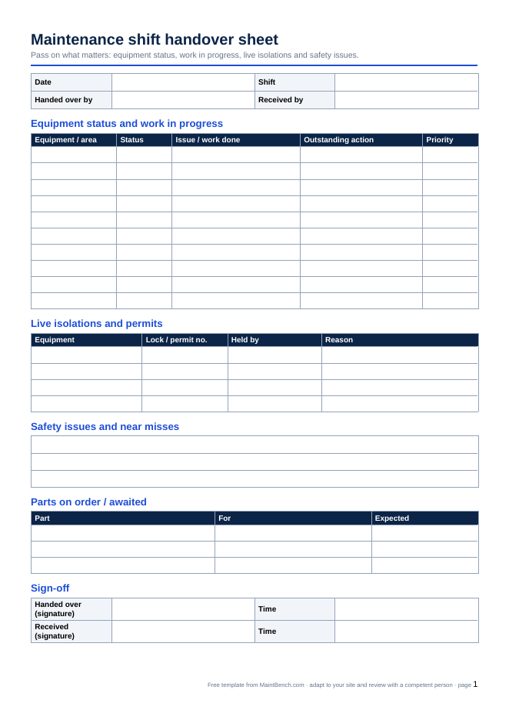 Preview of the Maintenance shift handover sheet