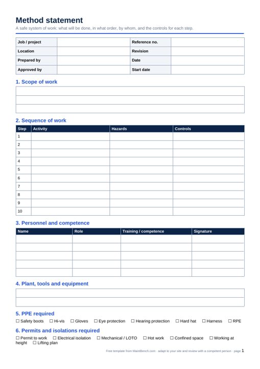 Preview of the Method statement template