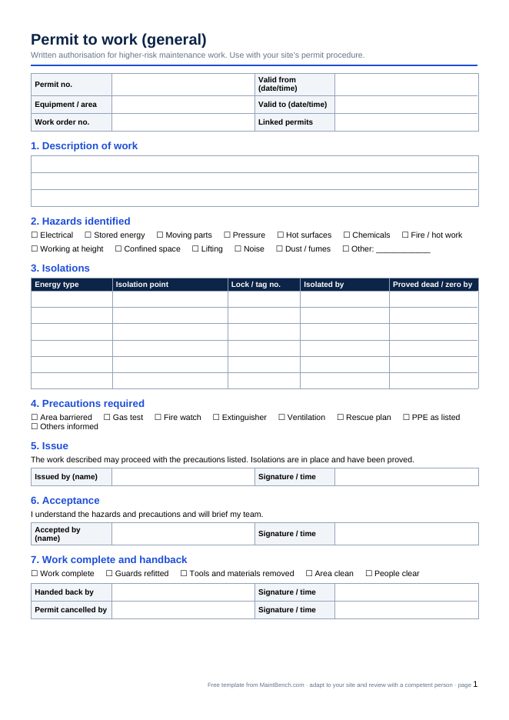 Preview of the Permit to work template