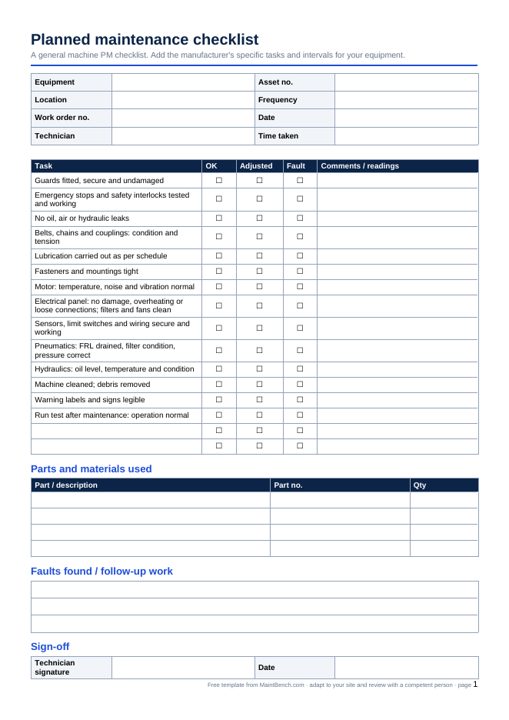 Preview of the Planned maintenance (PM) checklist